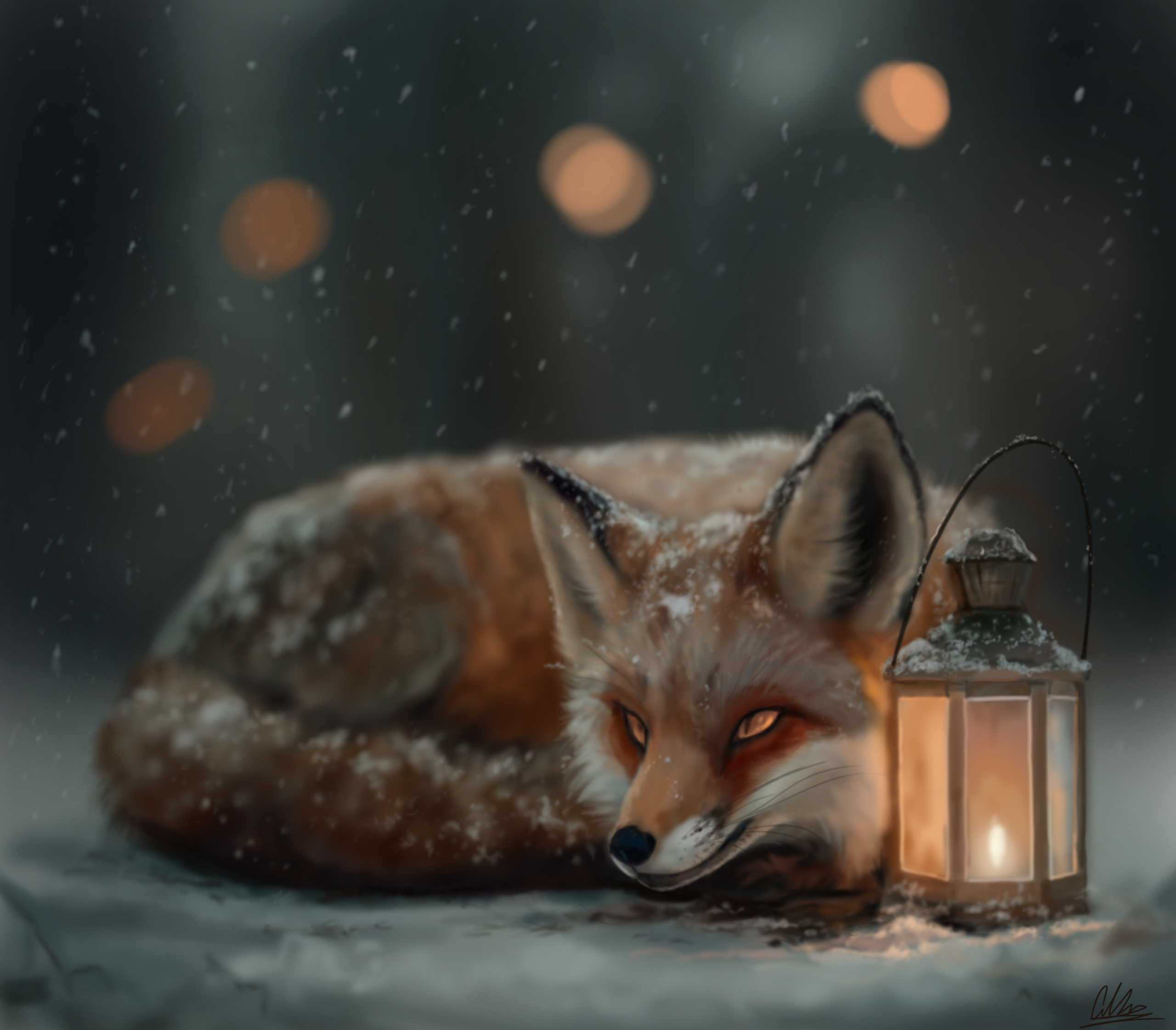 Original Digital Portrait of curled up fox in the snow next to an old-fashioned lantern